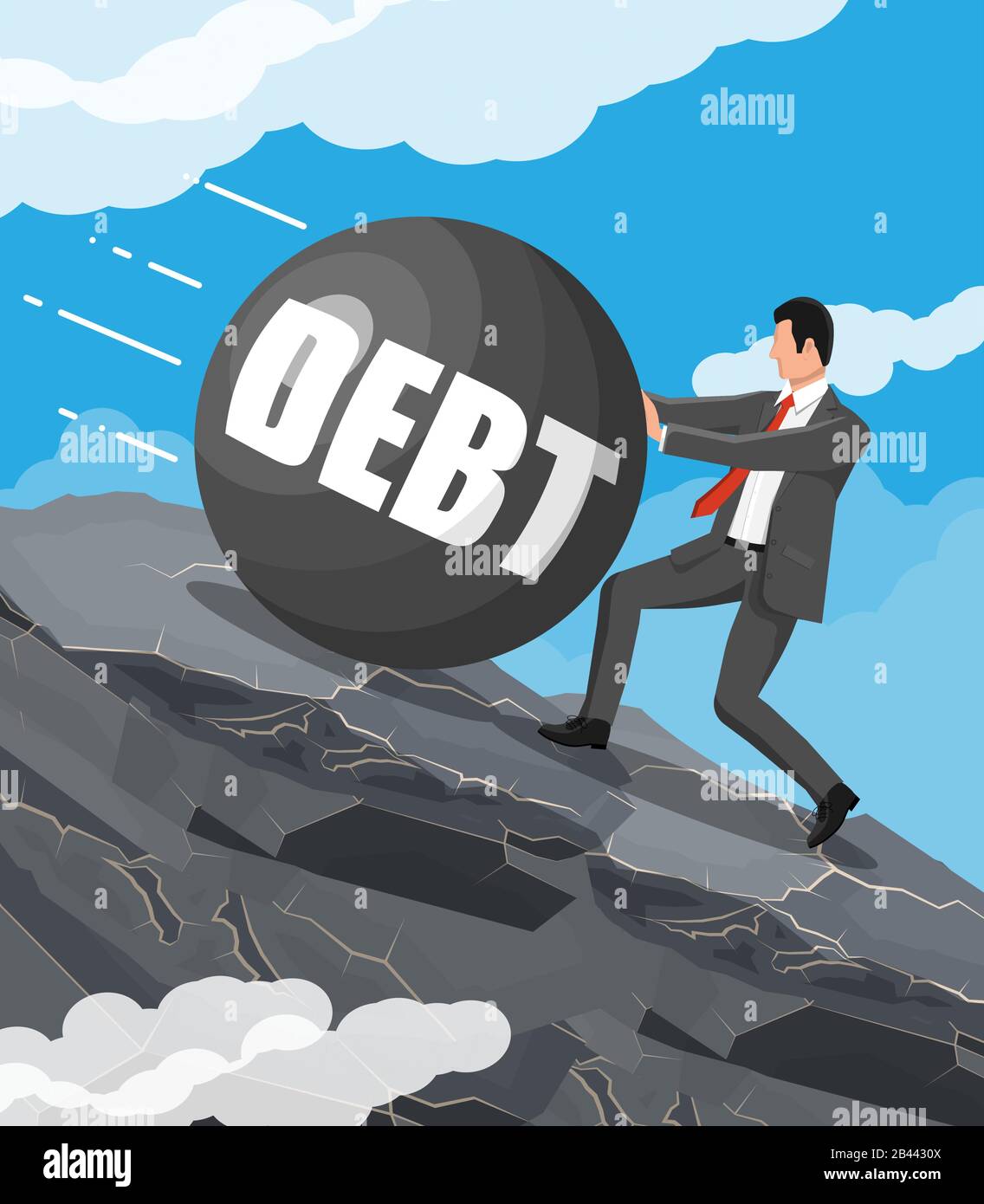 Der Geschäftsmann auf dem Berg treibt große Schulden an Stock Vektor