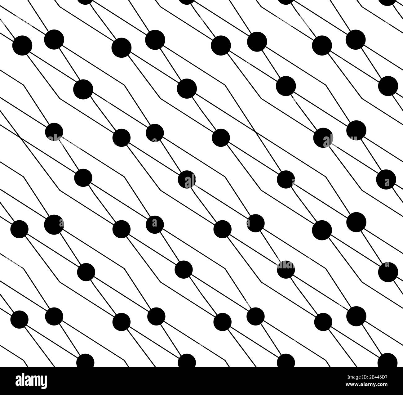 Dünne, diagonal schneidende Linien in der Geometrie der Rhombus-Form mit kleinen schwarzen Kreisen, nahtloses Muster. Schwarze Streifen und Kreise auf weißem Hintergrund Stock Vektor