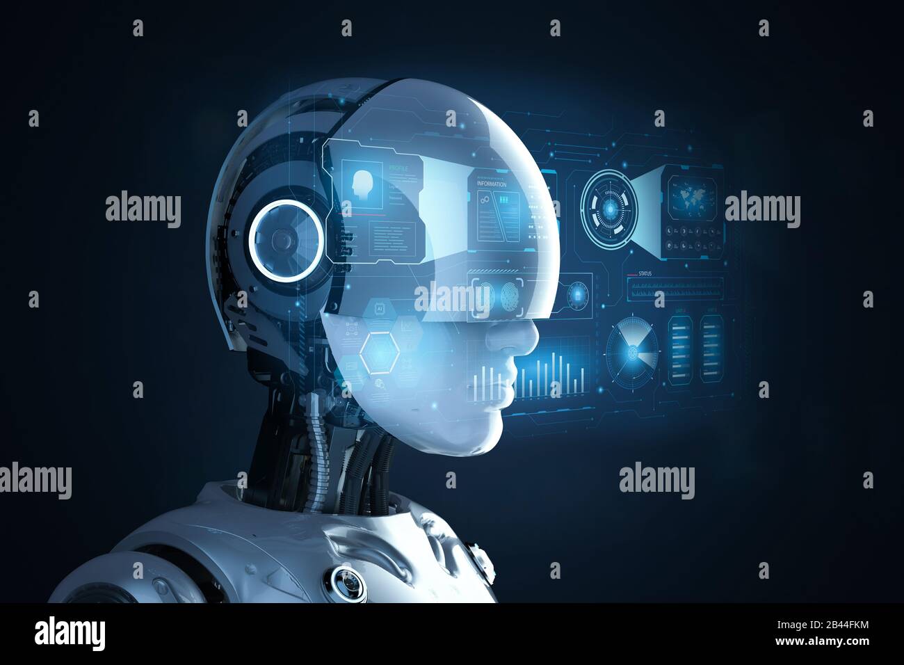 3D-Rendering weiblicher Cyborg mit grafischem Display Stockfoto