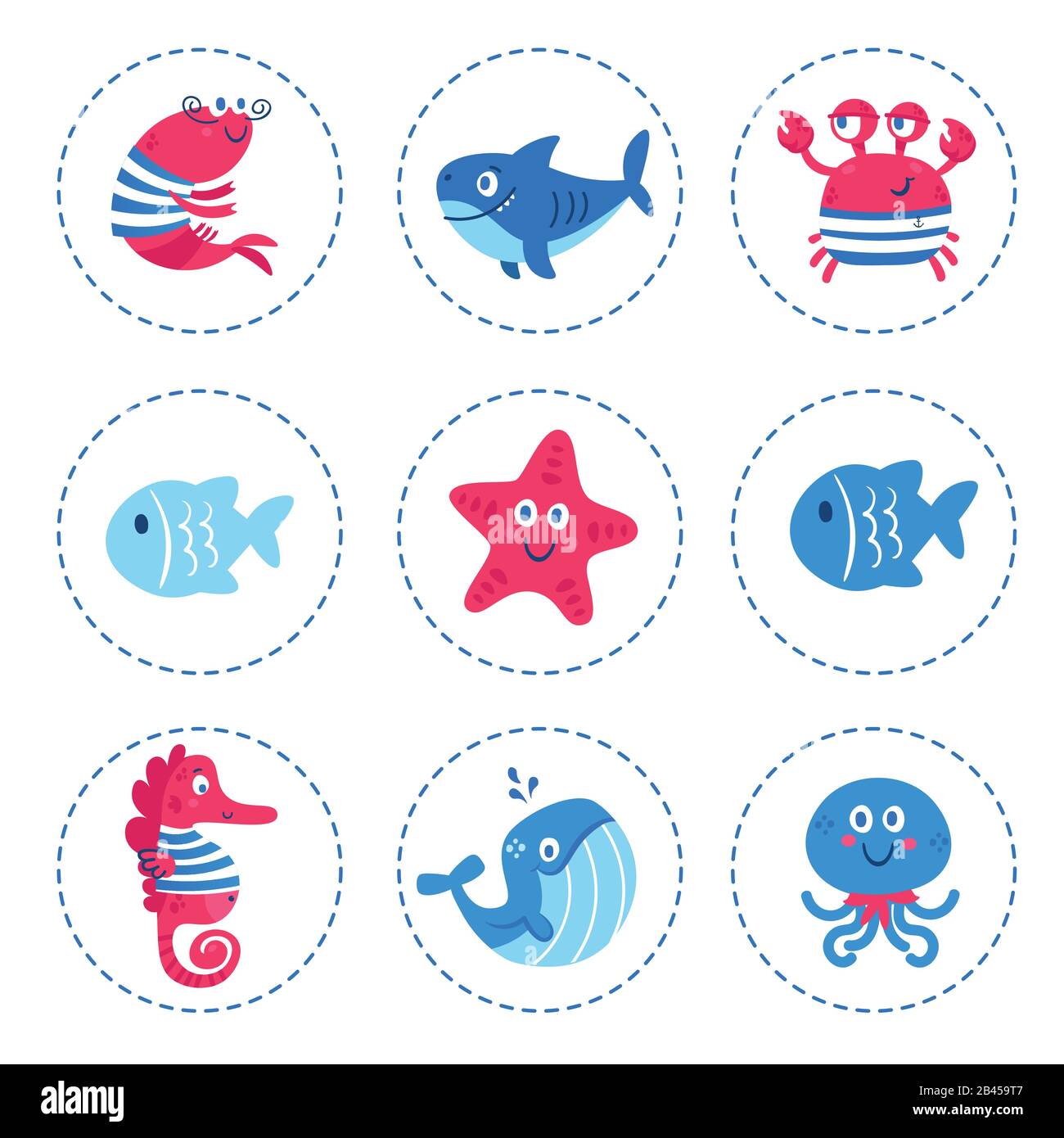 Satz Meerestiere Fischhai Wal-Tintenfisch Stern-Seepferdchen. Stock Vektor