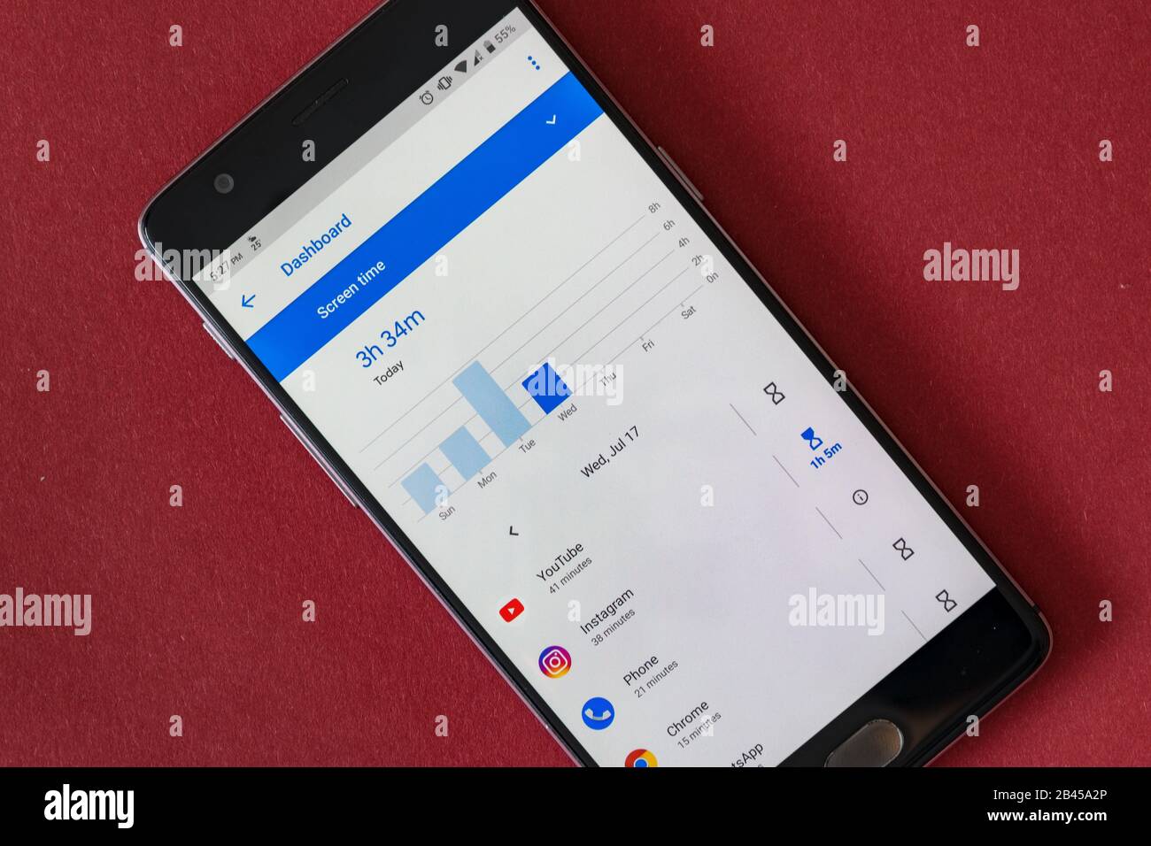 Cluj, RUMÄNIEN - 15. Juli 2019: Bildschirmzeit in digitaler Wohlfühl-Einstellung auf dem Android-Betriebssystem. Digitale Wellbeing-Darstellung der Bildschirmzeit edi Stockfoto