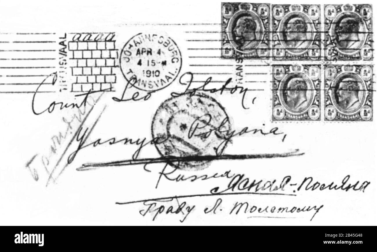 Der Umschlag des Mahatma-Gandhi-Briefes an Russland an den russischen Schriftsteller Graf Leo Tolstoi am 4. April 1910 aus Transvaal, Johannesburg, Südafrika, Afrika, Altes Vintage 1900er Bild Stockfoto