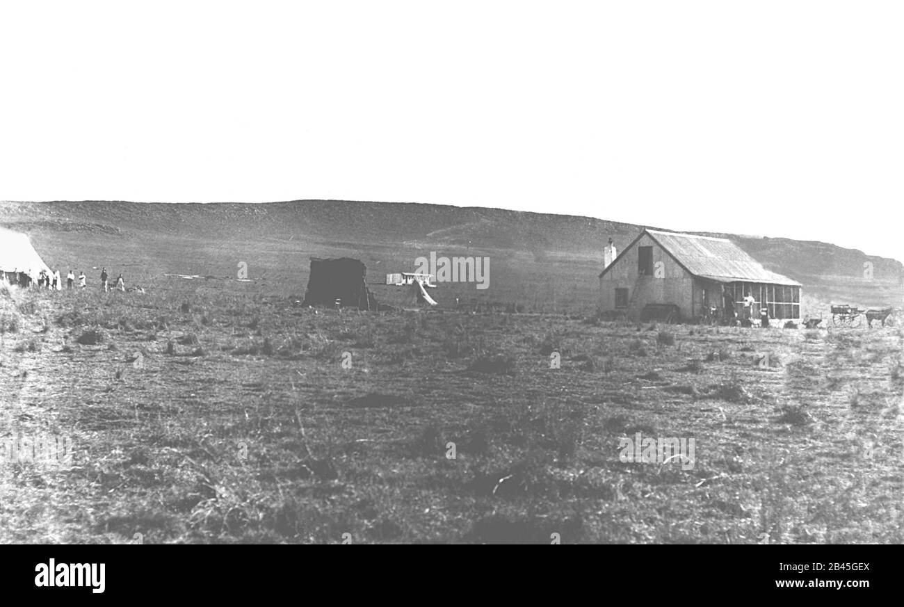 Mahatma Gandhi Haus, Tolstoi Farm, Transvaal, Südafrika, Haupthaus, Zelt und Nebengebäude, 1910, altes Bild des Jahrgangs 1900 Stockfoto