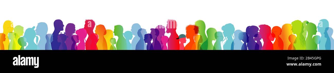Kommunikation multiethnischer Menschen. Crowd Talking. Regenbogen farbige Profil Silhouette. Viele Menschen mit unterschiedlichen Talks. Kopf. Soziale Netzwerke. Community Stockfoto