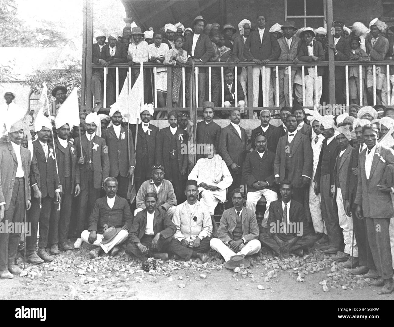 Mahatma Gandhi Abschiedsempfang von seinen Anhängern in Verulam, eThekwini, Durban, KwaZulu Natal, Südafrika, 1914, alter Jahrgang 1900s Bild Stockfoto