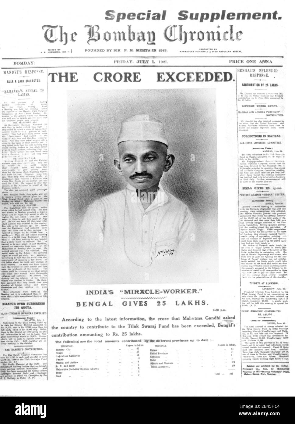 Mahatma Gandhi News auf dem Titelblatt der Bombay Chronicle Zeitung, Bombay, Mumbai, Maharashtra, Indien, Asien, 1. Juli 1921, altes Bild des Jahrgangs 1900 Stockfoto