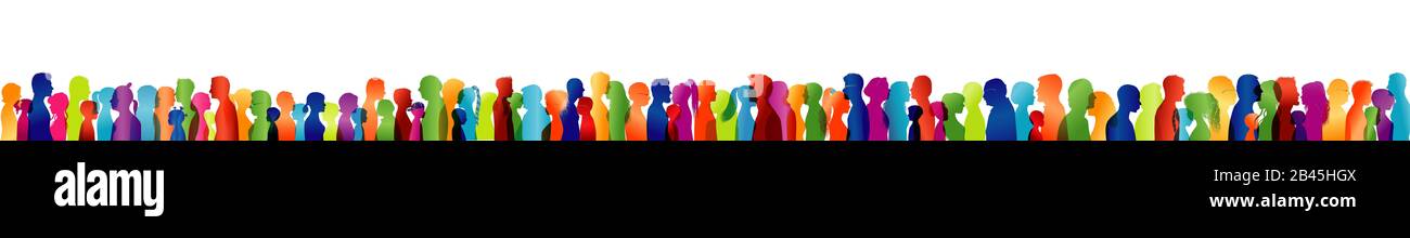 Große Gruppe oder Team von Menschen Silhouette farbigen Profil verschiedener Altersgruppen. Freundschaftskonzept. Community. Menschen sprechen. Gesicht. Kopf. Bevölkerung Stockfoto