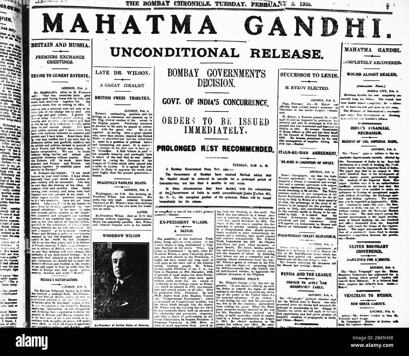 Mahatma Gandhi News auf der Titelseite der Zeitung The Bombay Chronicle, Bombay, Mumbai, Maharashtra, Indien, 5. Februar 1924, alter Jahrgang 1900s Bild Stockfoto