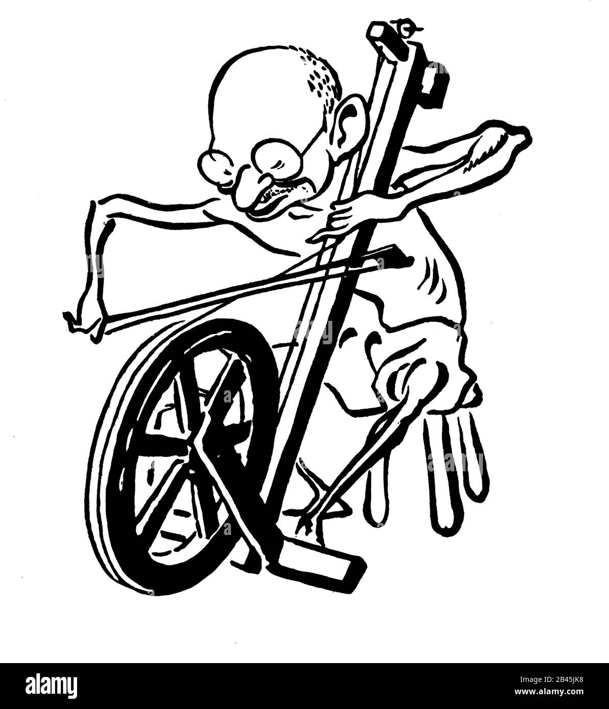 Cartoon von Mahatma Gandhi mit Spinnrad, Indien, alter Jahrgang 1900s Bild Stockfoto