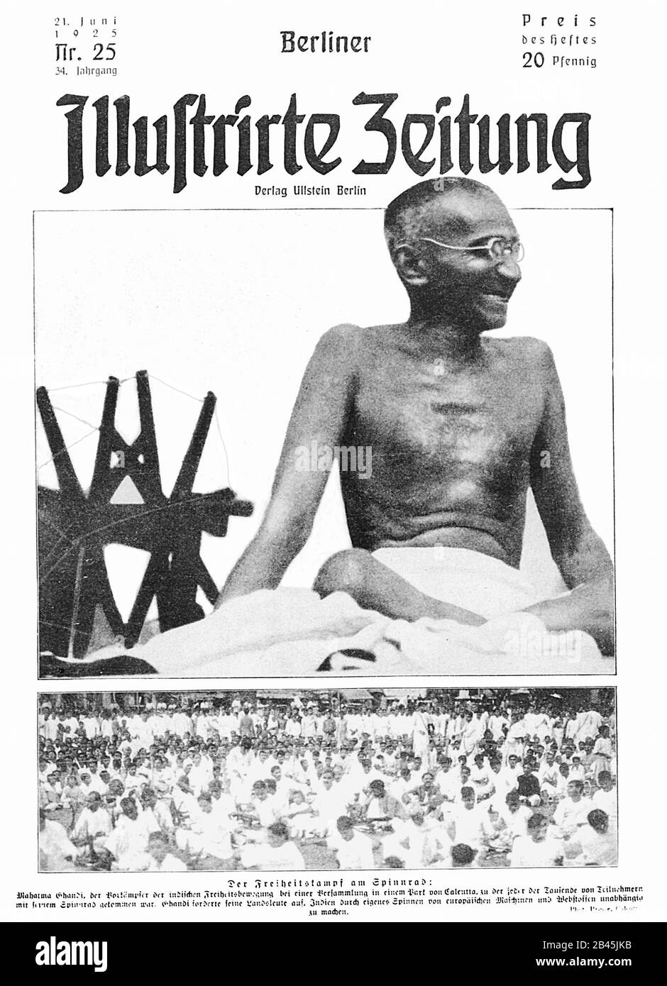 Mahatma Gandhi auf Titelblatt der deutschen Zeitung, Berlin, Deutschland, Europa, 21. Juni 1925, altes Bild des Jahrgangs 1900 Stockfoto