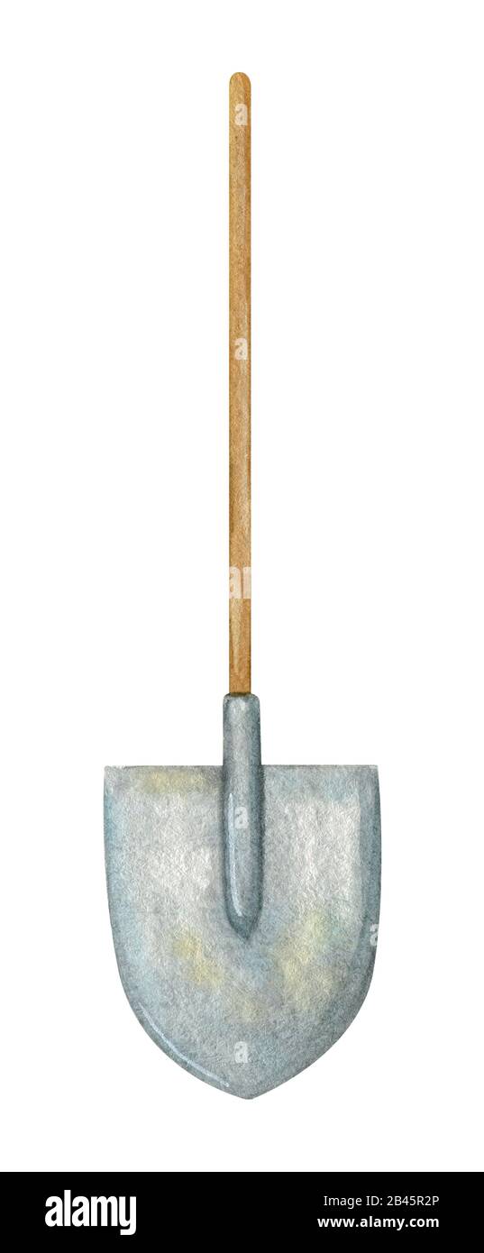 Wasserfarben-Schaufelzeichnung isoliert auf weißem Hintergrund. Gartenwerkzeug aus Metall für saisonales Design, Aufkleber und Grußkarte. Stockfoto