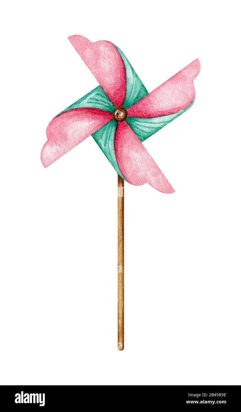 Buntes Pinwheel auf einem Holzstab. Kinderspielzeug isoliert auf weißem Hintergrund. Helle Windmühle für Kinder und Sommerdesign. Stockfoto