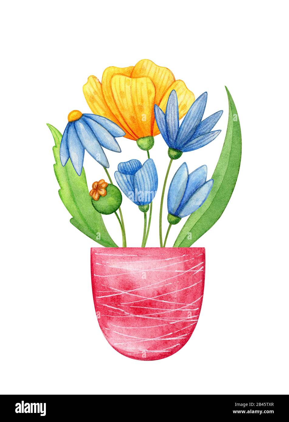 Wildblumen in einer Topfhand in Aquarell gezeichnet. Blaue und gelbe Mohn und grüne Blätter in violetter Dose. Abbildung: Grußkarte. Stockfoto