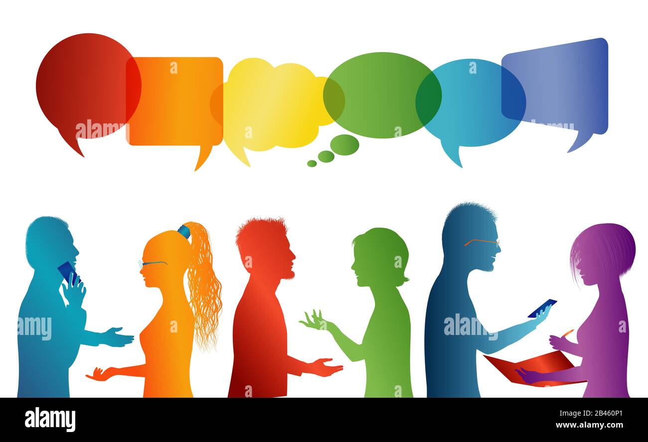 Sprechblase. Kommunikation zwischen der Gruppe von Menschen, die sprechen. Crowd Talking. Soziale Netzwerke kommunizieren.Dialog zwischen Menschen.Silhouette Profil Stockfoto