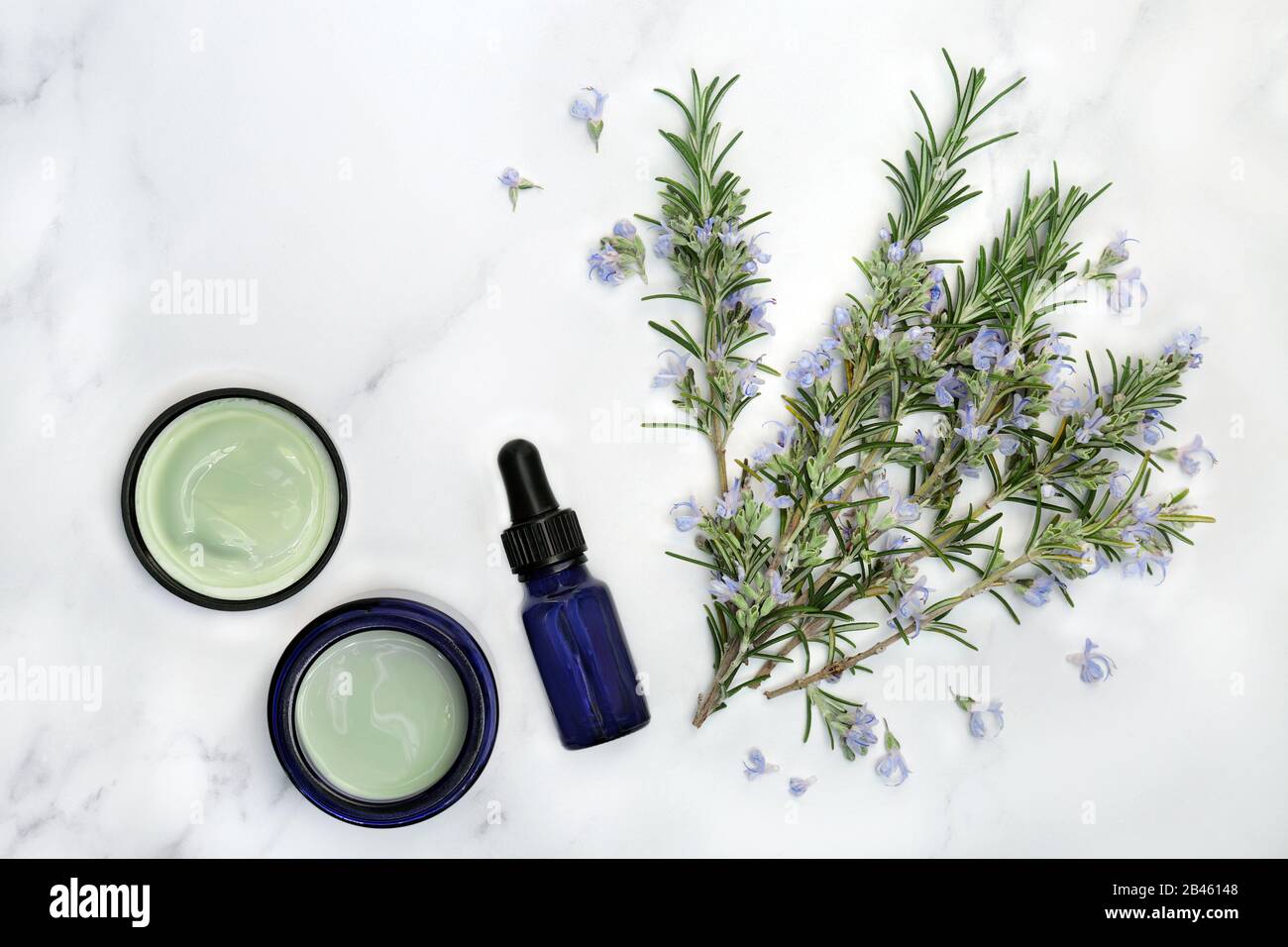 Vegane Hautpflege Beauty-Behandlung mit Rosmarinblumen, Aromatherapie ätherisches Öl und Feuchtigkeitscreme auf Marmor. Vorteile gegen Alterung. Stockfoto