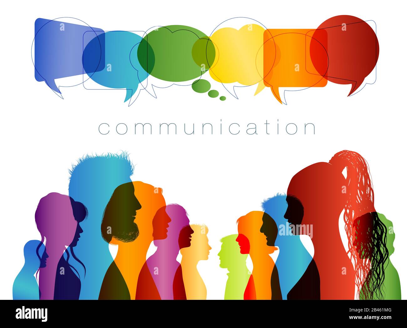 Sprechblase. Konzept zu kommunizieren. Gruppieren Sie Personen in Profil Silhouette sprechen. Die Menge spricht. Kommunikationstext. Soziale Netzwerke. Multiethnisch Stockfoto