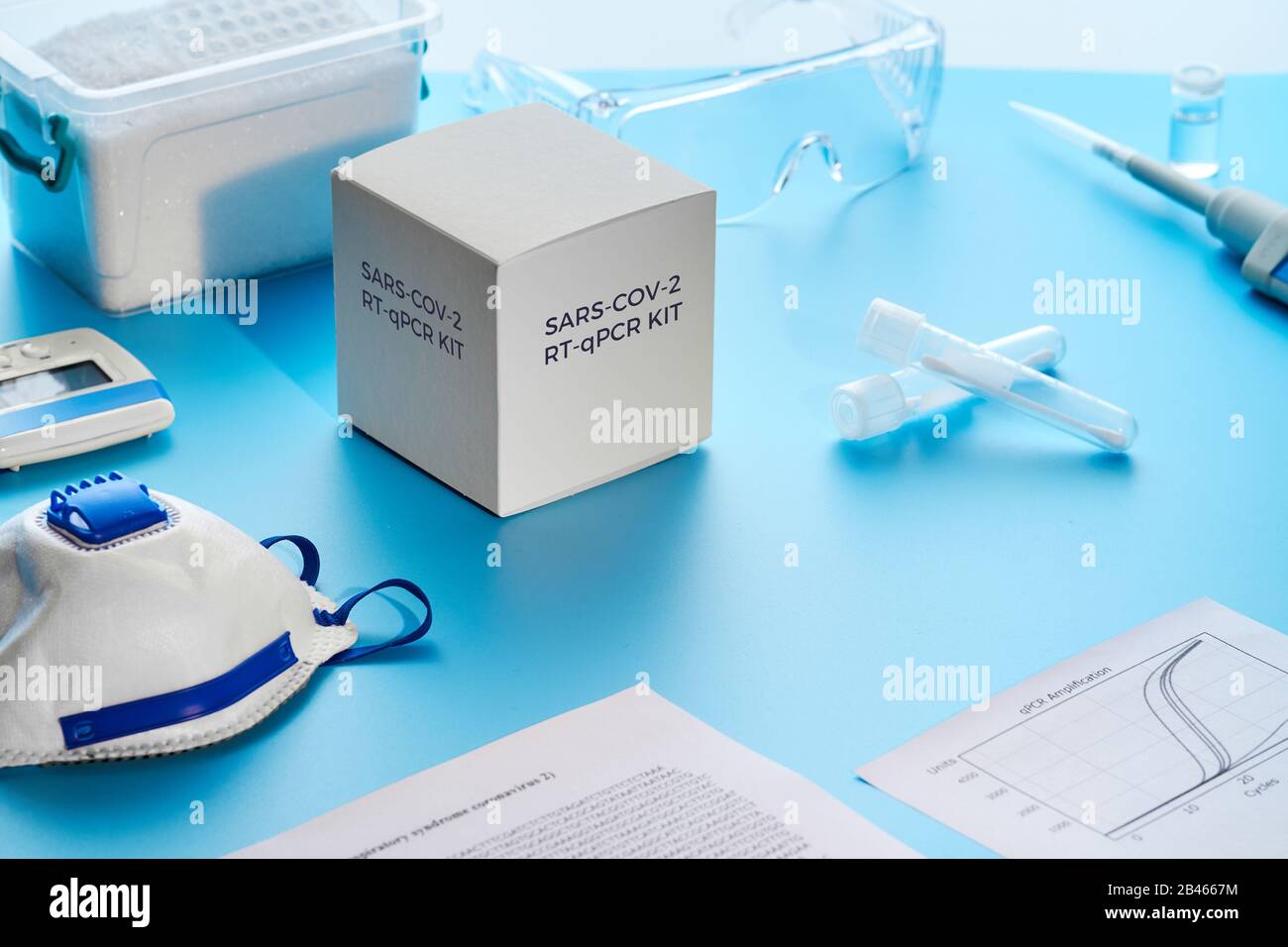 SARS-COV-2 pcr-Diagnose-Kit. Hierbei handelt es sich um RT-qPCR-Kit, bei dem die umgekehrte Transkription und Amplifikation von DNA-Fragmenten in Echtzeit zum Nachweis bestimmter Regionen verwendet wird Stockfoto