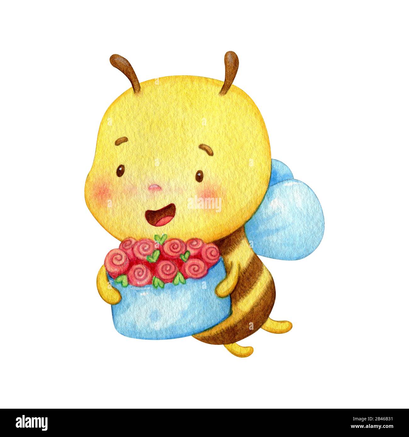 Gelbes Insekt fliegt mit einem Geschenk. Fröhliche Hummelbiene hält einen Korb voller Blumen. Für Grußkarten, Kinderstoffe, Plakate. Stockfoto