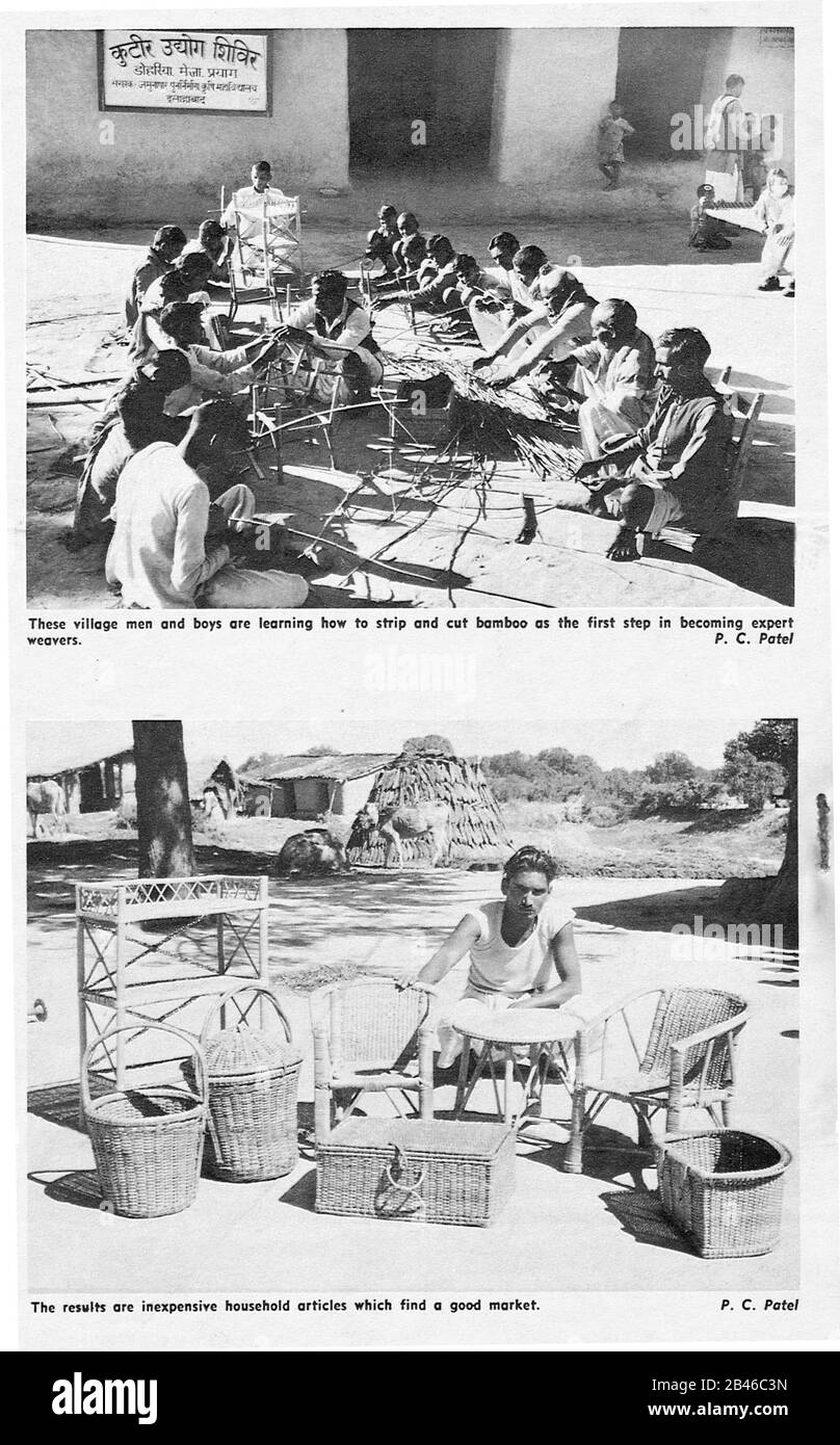 Dorfmänner lernen, wie man schneiden Bambus, Bambus Haushaltsartikel Tischstühle Boxen Streifen, Allahabad, Uttar Pradesh, Indien, Asien, 1955, alten Jahrgang 1900s Bild Stockfoto