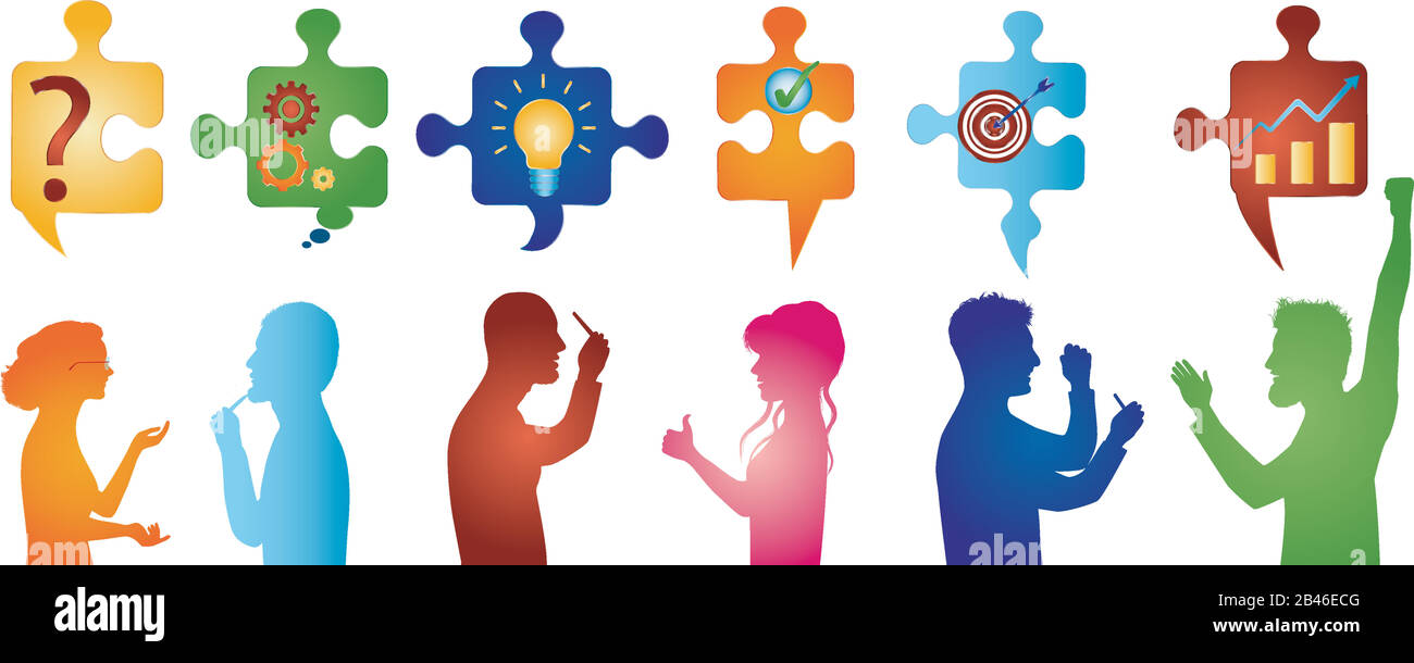 Farbige Profil Menschen gestikulieren. Puzzleteile mit Problemlösungssymbolen. Geschäftslösung. Konzept Problemlösungsteam. Strategie und Erfolg. Stock Vektor