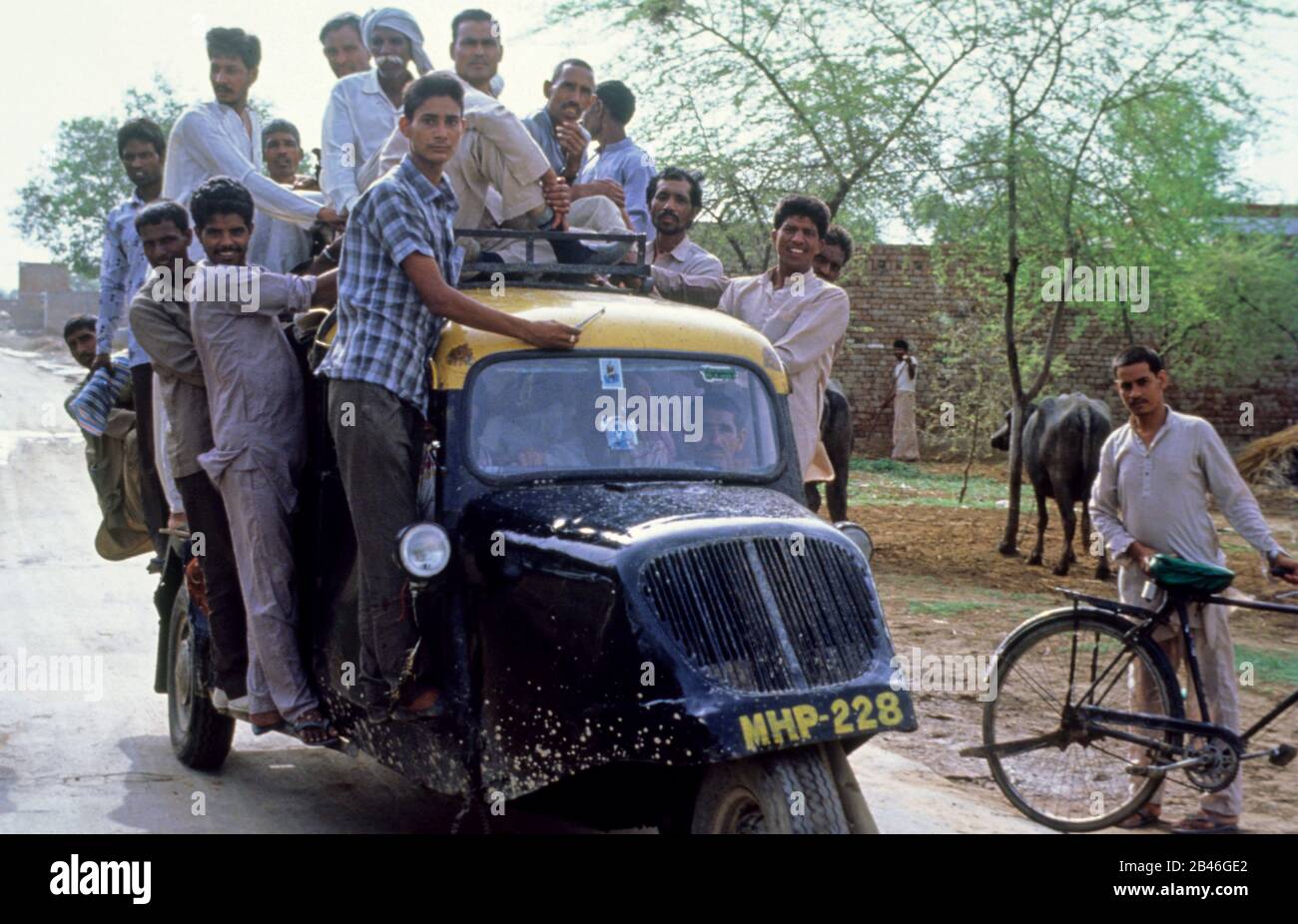 Tempo Taxi überfüllt mit Menschen überladen , Maharashtra , Indien , Asien Stockfoto