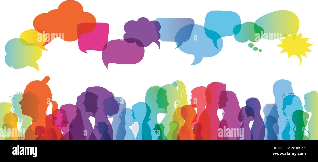 Crowd Talking.Speech Bubble.Dialogue Group aus verschiedenen people.Communication multiethnischen Menschen.Silhouette profiles.Diversity.Communicate.Rainbow Farben Stock Vektor