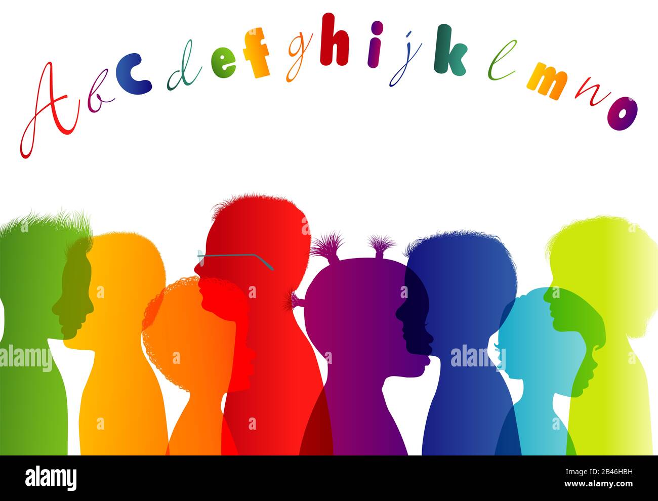 Multiethnische Kinder. Farbenfroher Kindergarten. Kindheit. Gruppe verschiedene Kinder Profil Regenbogen Farben isoliert Silhouette. Gemeinschaft der multirassischen Stockfoto