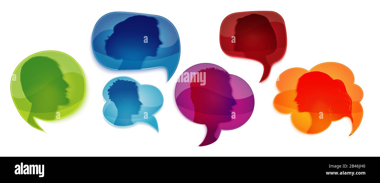 Sprechblase. Kommunizieren Sie eine Gruppe verschiedener Personen. Sprechen Sie in sozialen Netzwerken oder in der Community. Netzwerkinformationen. Profil der Kommunikationssilhouette.Sprechen Stockfoto