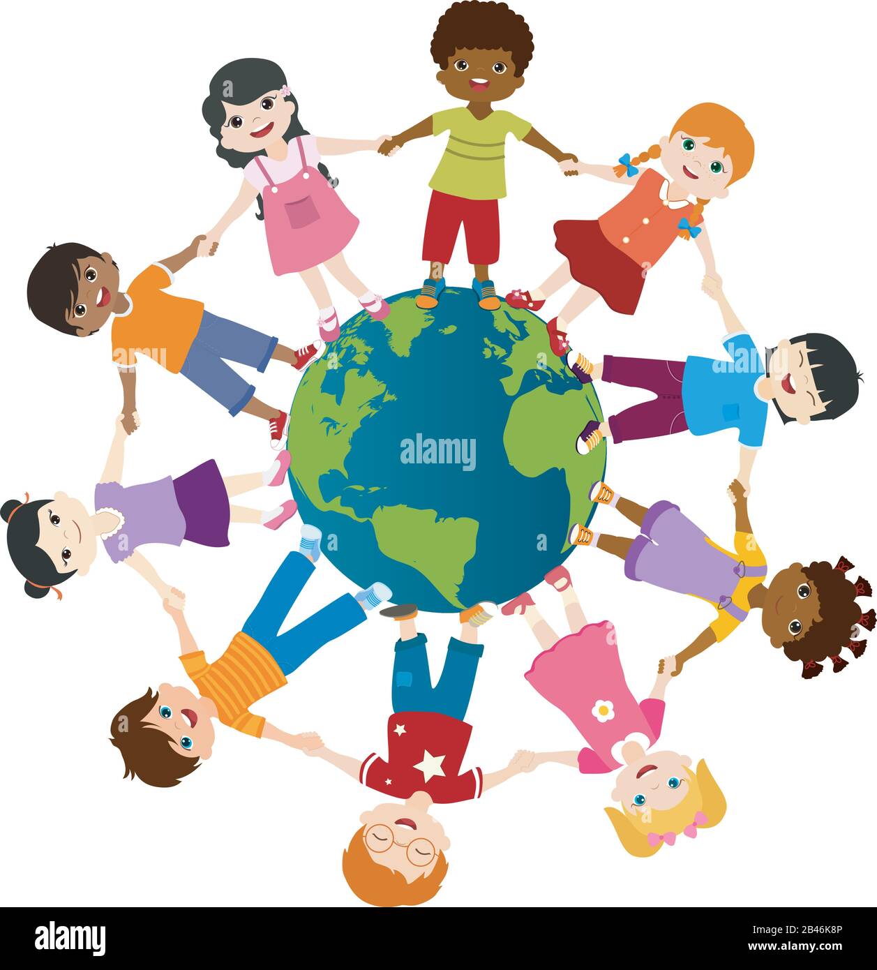 Erdglobus mit einer Gruppe verschiedener multiethnischer Kinder im Kreis, die lächeln und die Hände halten. Vielfalt und Kultur. Einheit und Freundschaft. Community. Stock Vektor