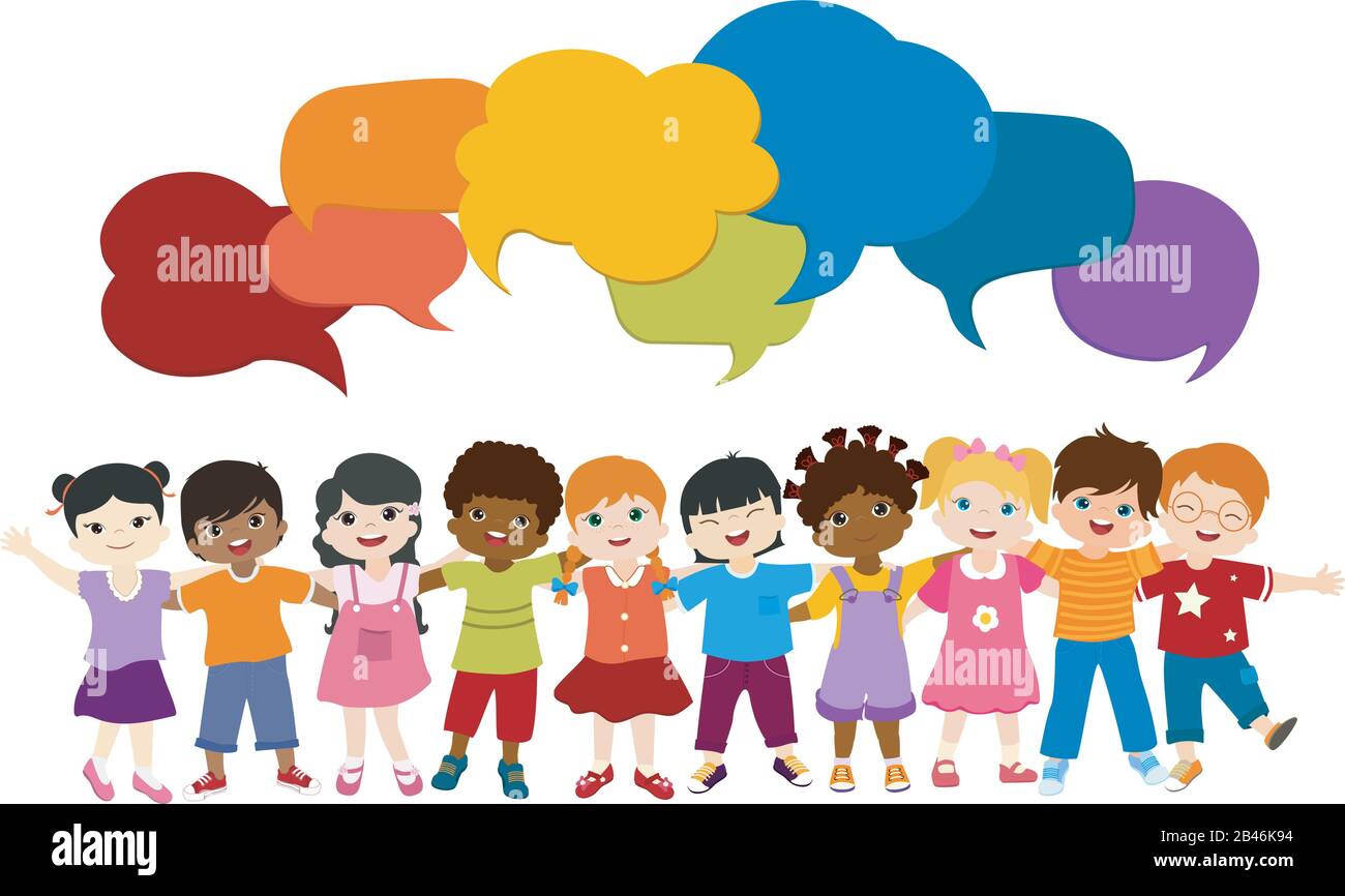 Isolierte Gruppe von multiethnischen Kindern, die sich gegenseitig annehmen. Kommunikation und Verbindung von Kindern verschiedener Nationalitäten - Kultur und Stock Vektor