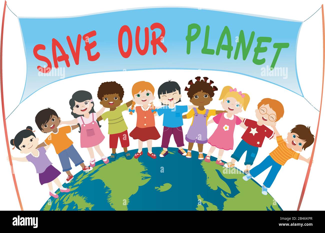 Eine Gruppe verschiedener und multiethnischer Kinder, die sich gegenseitig umarmen und ein Banner mit Save Our Planet auf einem Globus halten. Einheit für ein ökologisches Umfeld und Stock Vektor