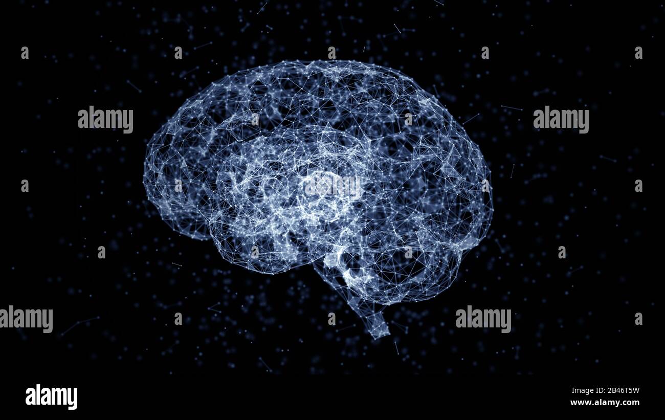 Künstliches Intelligenzkonzept: Blaue Linien, Punkte und Polygone bilden ein menschliches Gehirn. Wissenschaftliche und technologische Hintergründe. Tiefe der Feldeinstellungen. 3D r Stockfoto