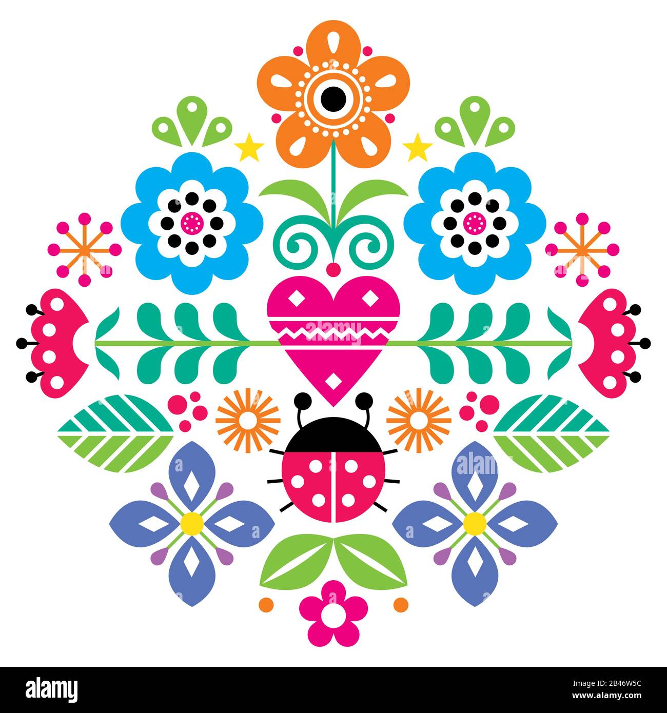 Süßes skandinavisches Folkvektormuster mit Blumen und Marienkäppchen, spiraliges Blumenmuster, inspiriert von traditioneller Stickerei aus Schweden, Norwegen und Denm Stock Vektor