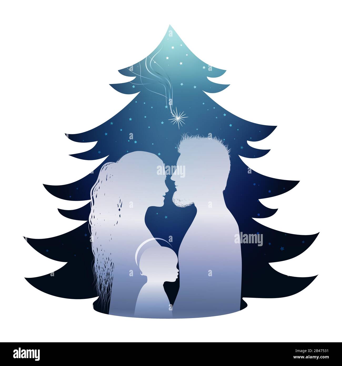 Isolierte Weihnachtsbaum Krippe mit heiligen Familie. Silhouette Profil auf blauem Hintergrund Stockfoto
