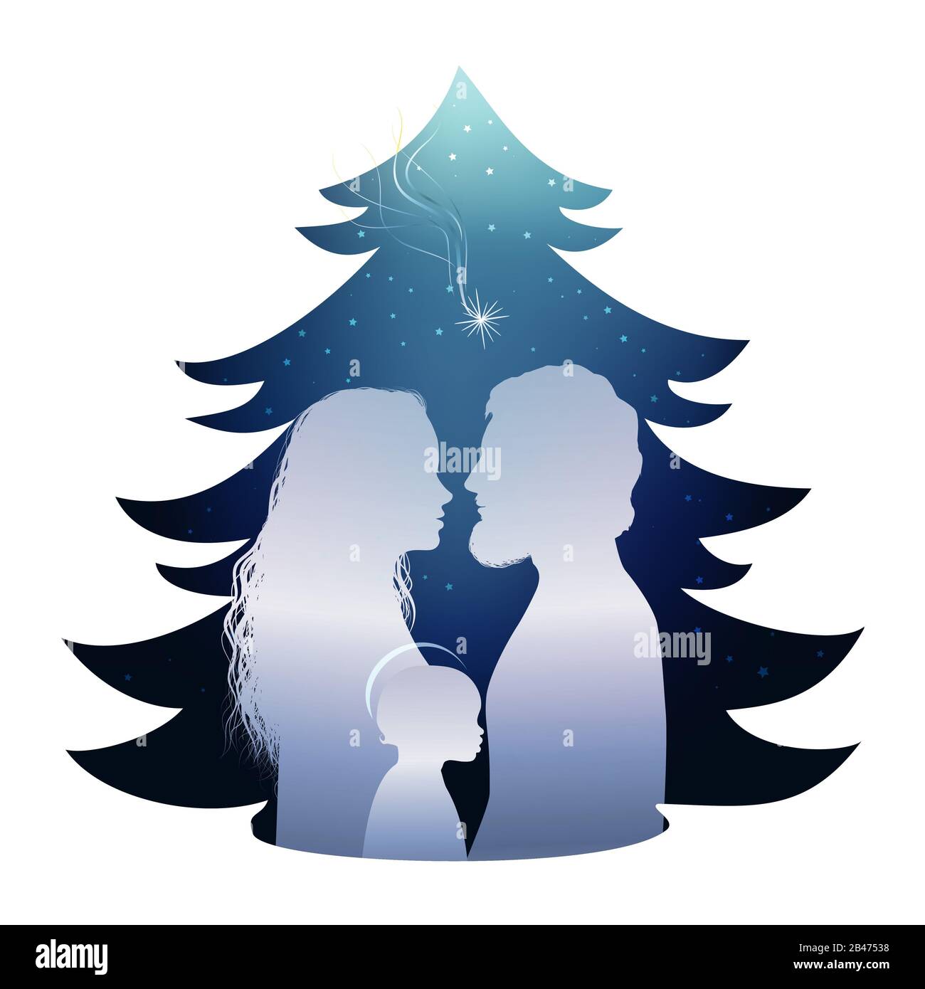 Isolierte Weihnachtsbaum Krippe mit heiligen Familie. Silhouette Profil whit Joseph - Maria und Baby Jesus auf blauem Hintergrund Stockfoto