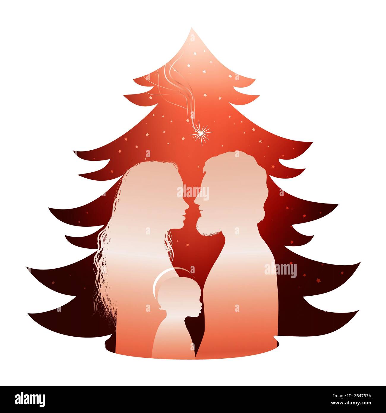 Isolierte Weihnachtsbaum Krippe mit heiligen Familie. Silhouette Profil whit Joseph - Maria und Baby Jesus auf rotem Hintergrund Stockfoto