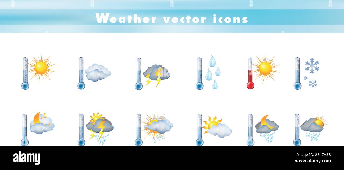 Vektorsymbole mit Thermometer und Wettervorhersage einstellen. 3d-Illustration. Symbole und Zeichen Meteorologie - Klima - Temperatur Stock Vektor