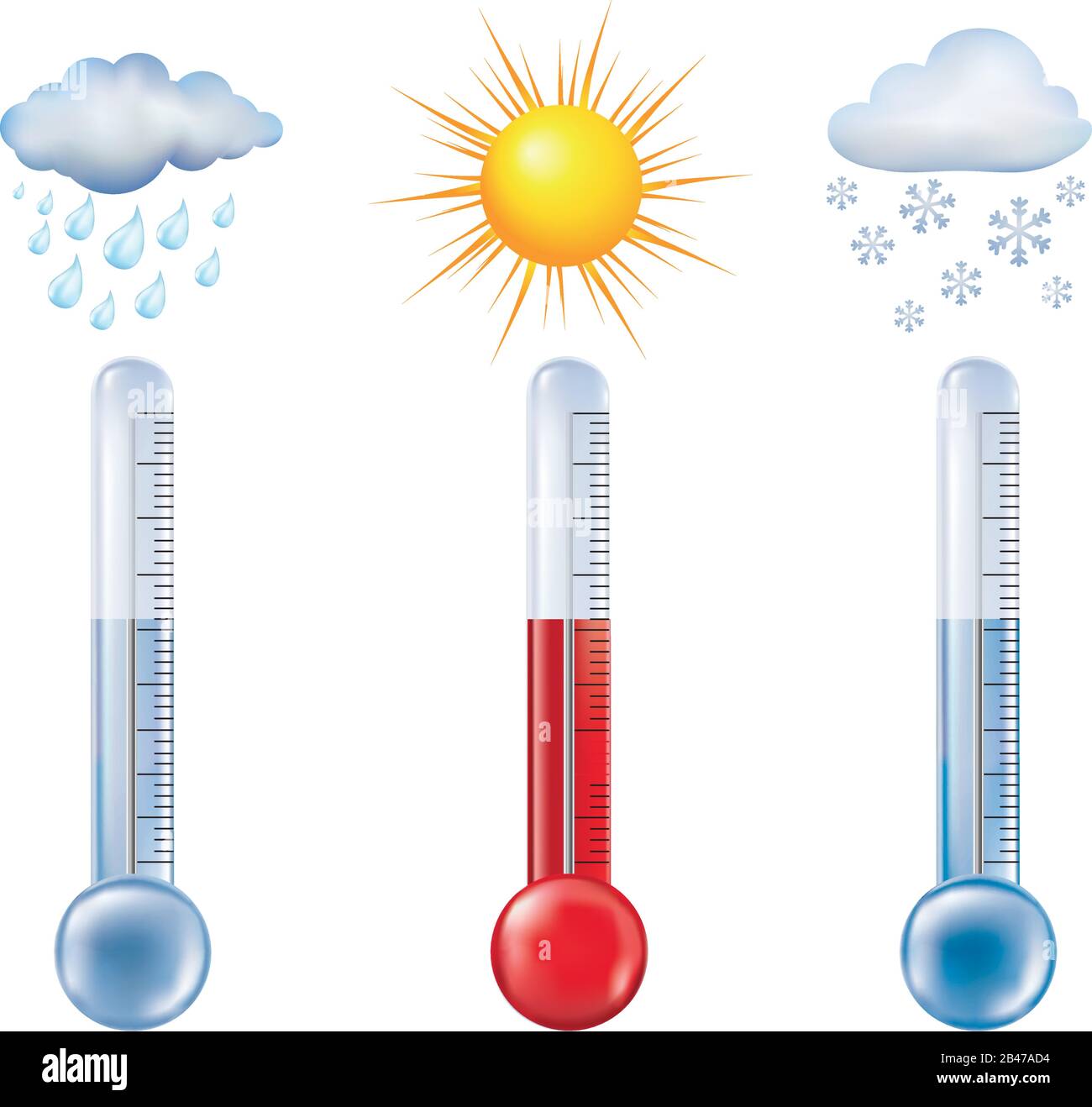 Vektor 3d Illustration mit isoliertem Thermometer, das Temperatur mit Sonnensymbolen misst - Wolke mit Regen - Schnee. Wettervorhersage Stock Vektor