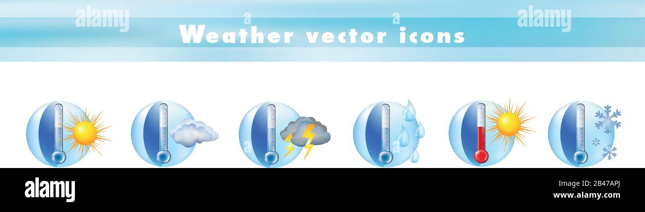 Vektorsymbole mit Thermometer und Wettervorhersage einstellen. Symbole und Zeichen Meteorologie - Klima - Temperatur. 3d-Illustration Stock Vektor
