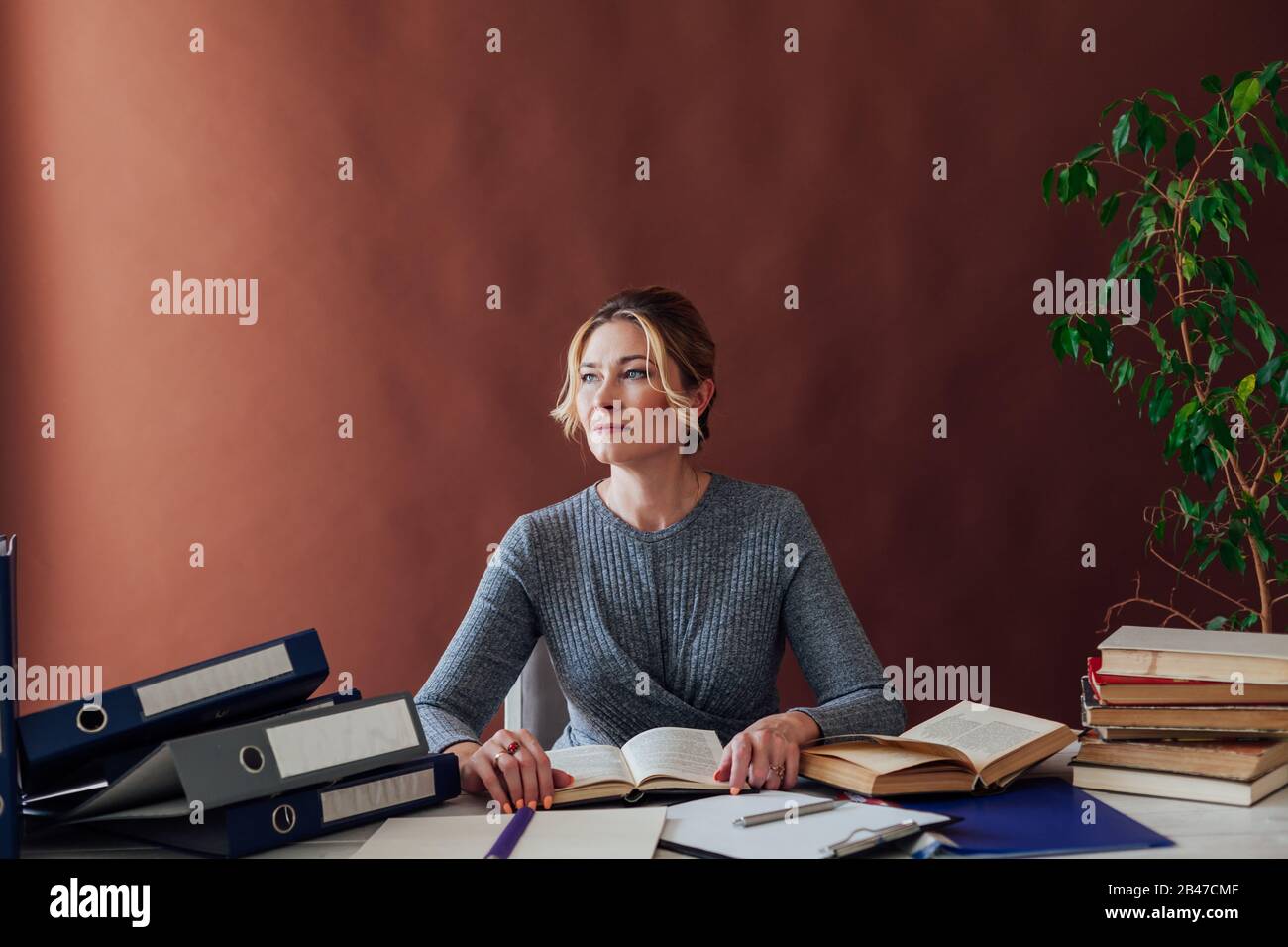 Frau in Business-Anzug am Schreibtisch bei der Arbeit im Büro mit Büchern Stockfoto