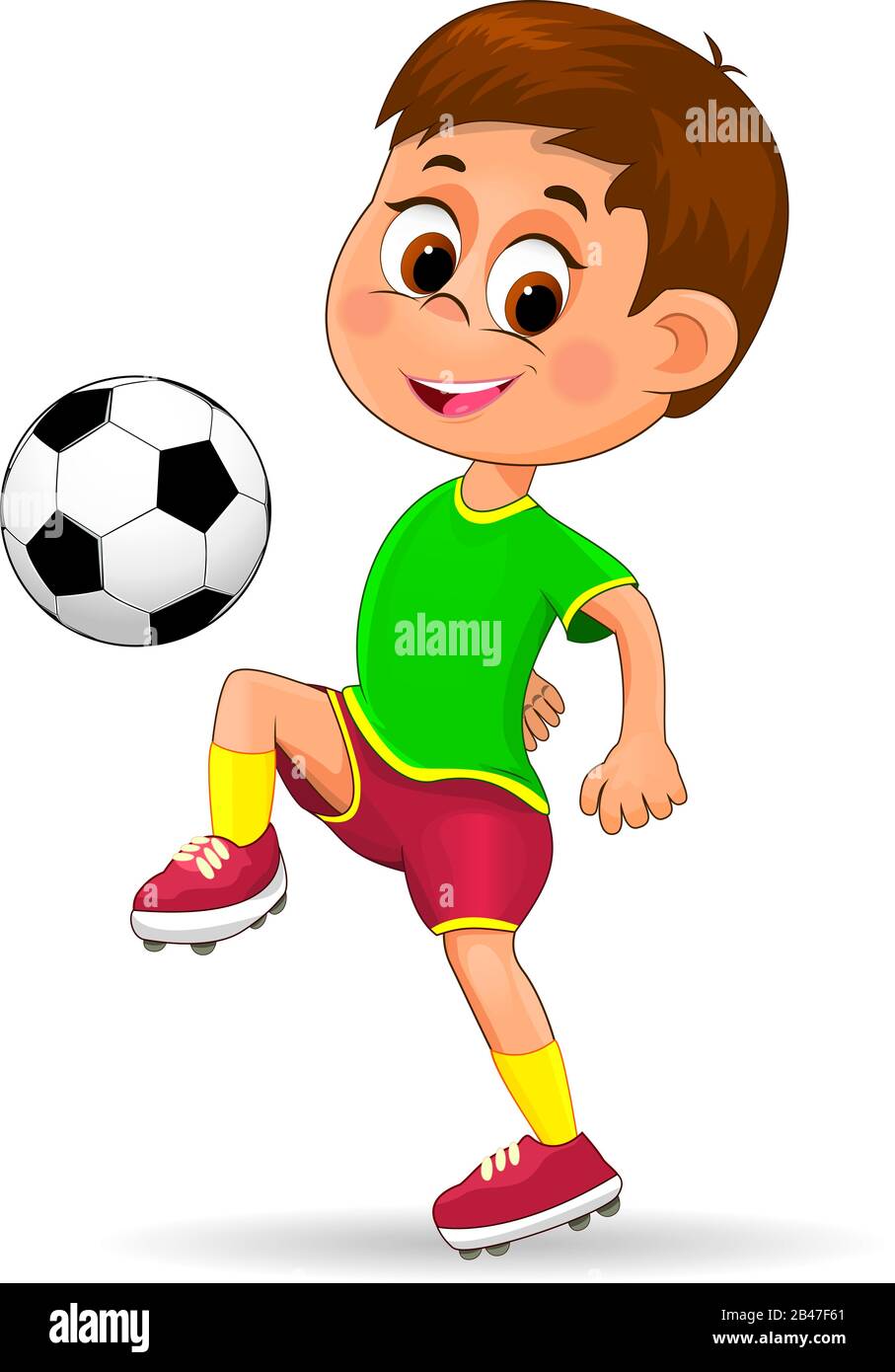 Jungen Fußballspieler mit Ball. Das Kind ist mit Sportswear eines Fußballspielers bekleidet. Junge mit einem Fußballball auf weißem Hintergrund. Stock Vektor