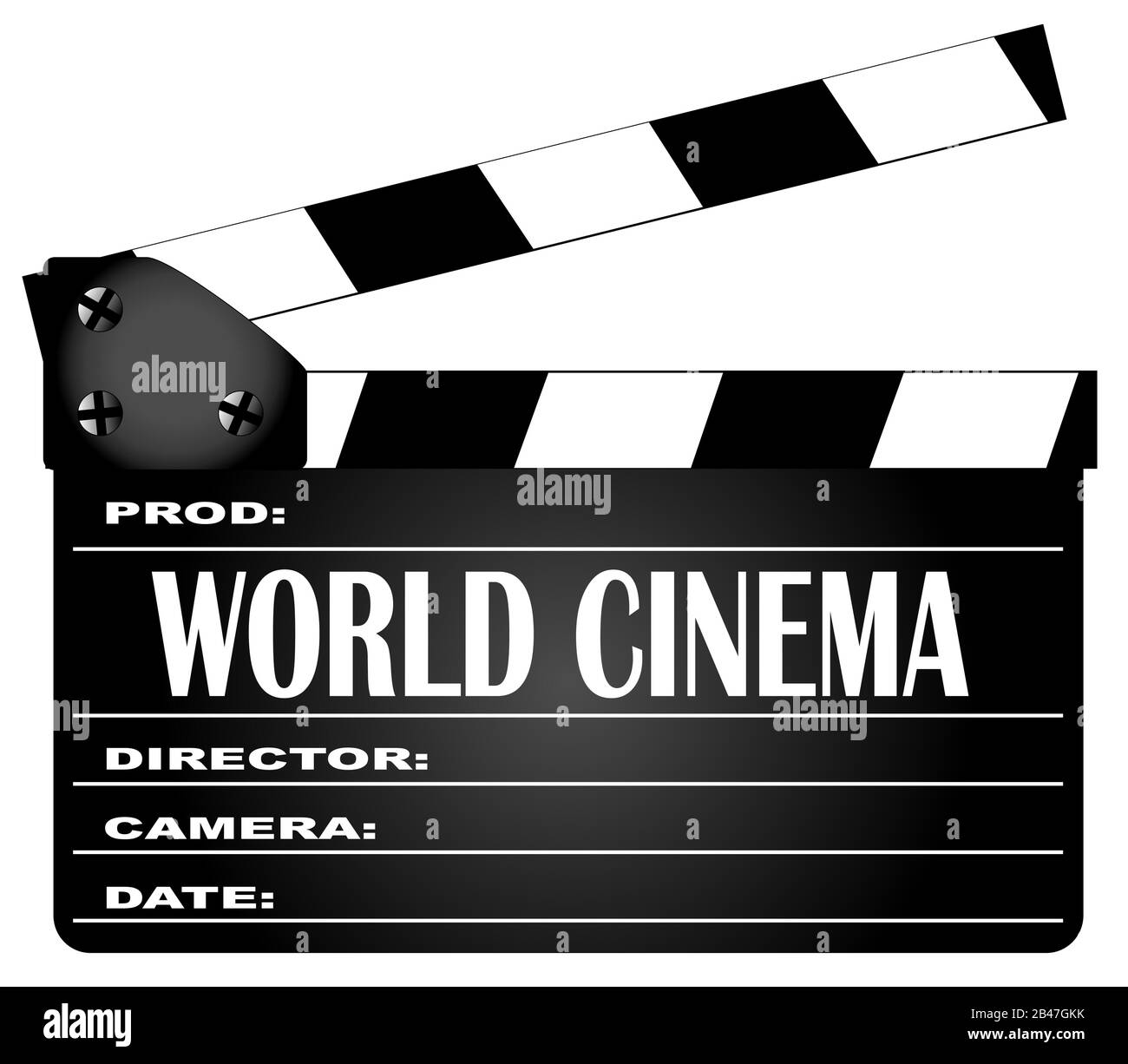 Ein typisches Kinoklapperboard mit der Legende World Cinema, das auf Weiß isoliert ist. Stock Vektor