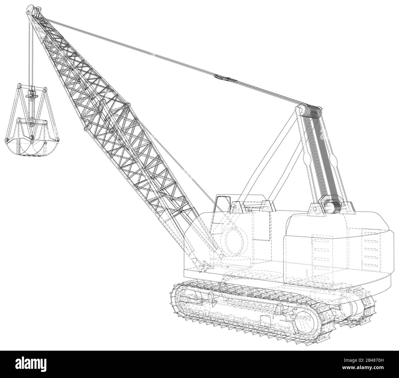Dragline-Walkbagger mit einer Pfanne. Vektorgrafiken. Vektordarstellung von 3d. Drahtmodell. Stock Vektor