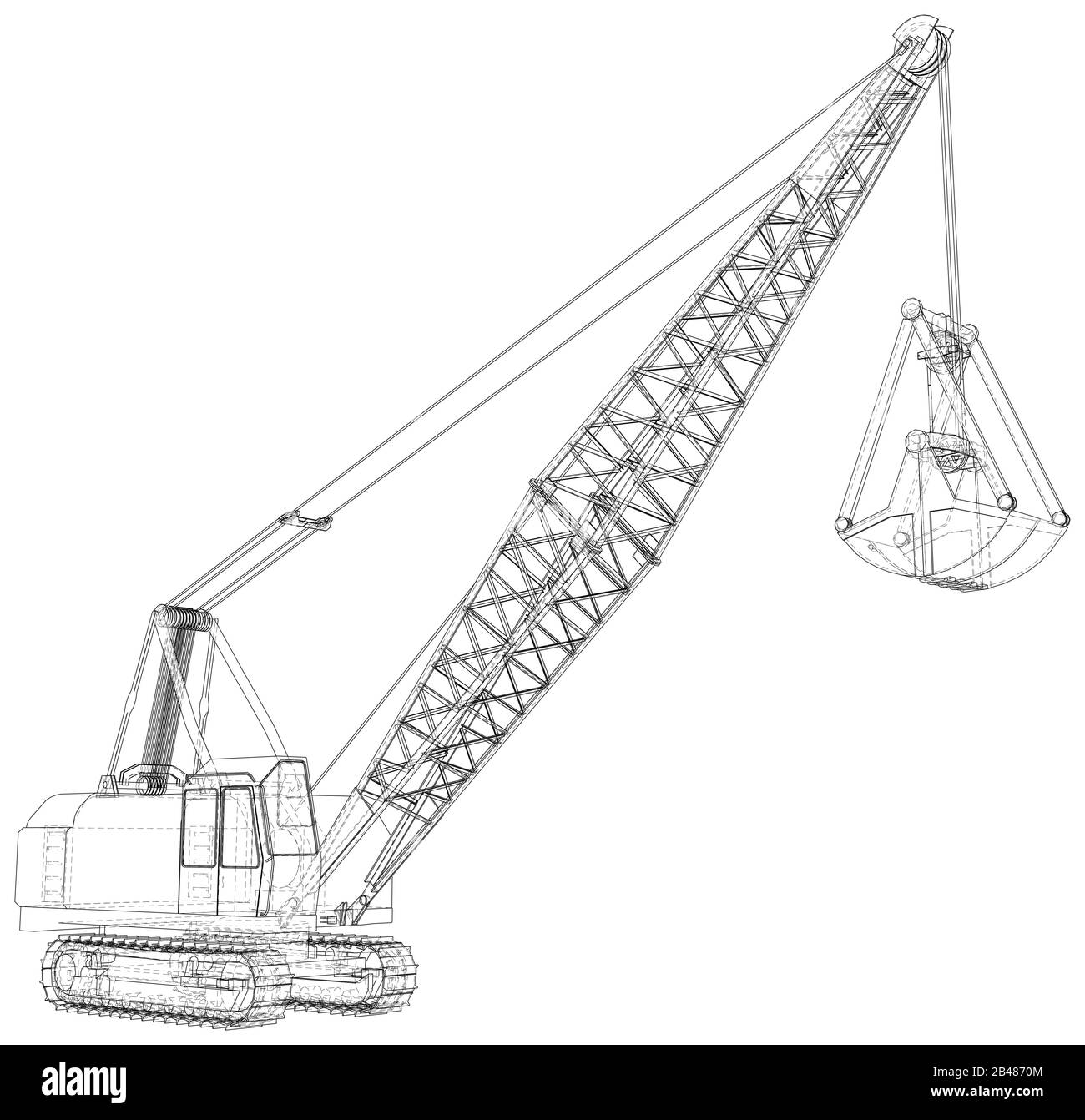 Dragline für den Kohlebergbau. Der Eimer ist riesig. Die Ebenen der sichtbaren und unsichtbaren Linien werden getrennt. Drahtrahmen. Stock Vektor