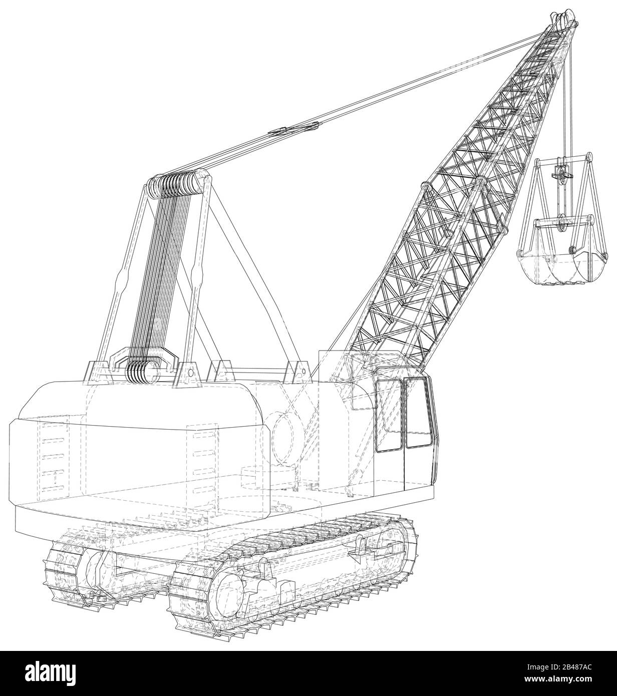 Dragline für den Kohlebergbau. Der Eimer ist riesig. Die Ebenen der sichtbaren und unsichtbaren Linien werden getrennt. Drahtrahmen. Stock Vektor
