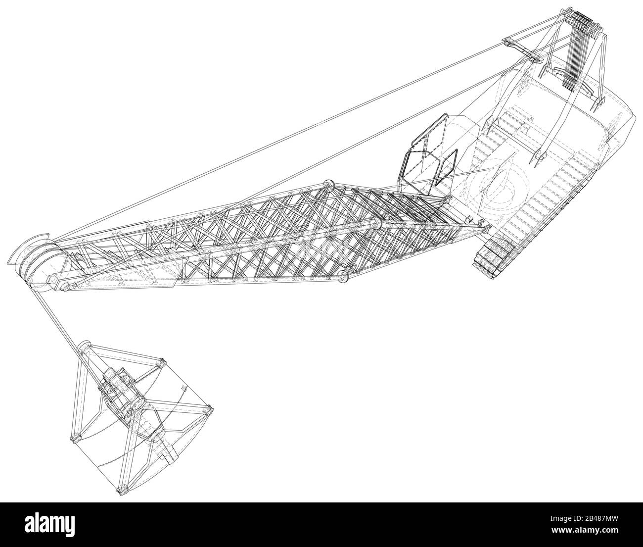 Dragline-Bagger. Die Ebenen der sichtbaren und unsichtbaren Linien werden getrennt. Die Ebenen der sichtbaren und unsichtbaren Linien werden getrennt. Außenrahmen für Drahtrahmen Stock Vektor