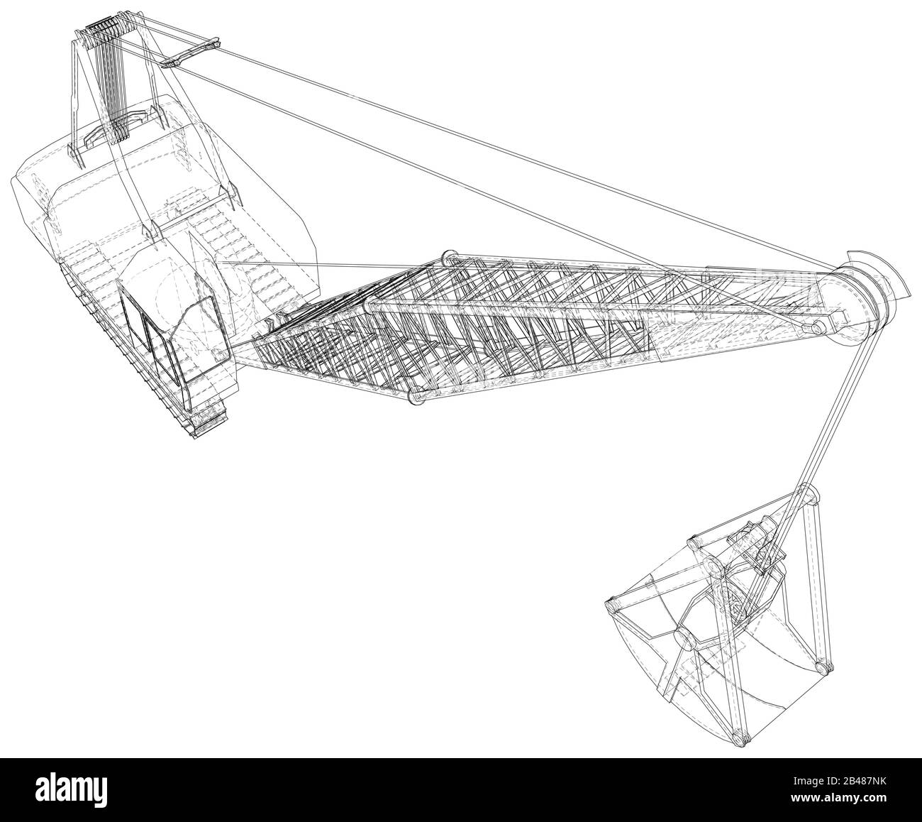 Dragline-Bagger. Isolierter Vektor für Baumaschinen. Schweres Gerätefahrzeug. Die Ebenen der sichtbaren und unsichtbaren Linien werden getrennt. Drahtfrae Stock Vektor