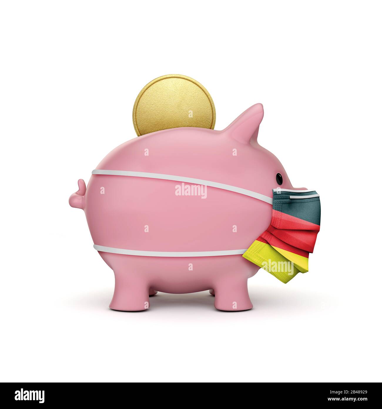 Deutschland Einsparungen im Gesundheitswesen. Piggy-Bank mit Gesichtsmaske. 3D-Rendering Stockfoto