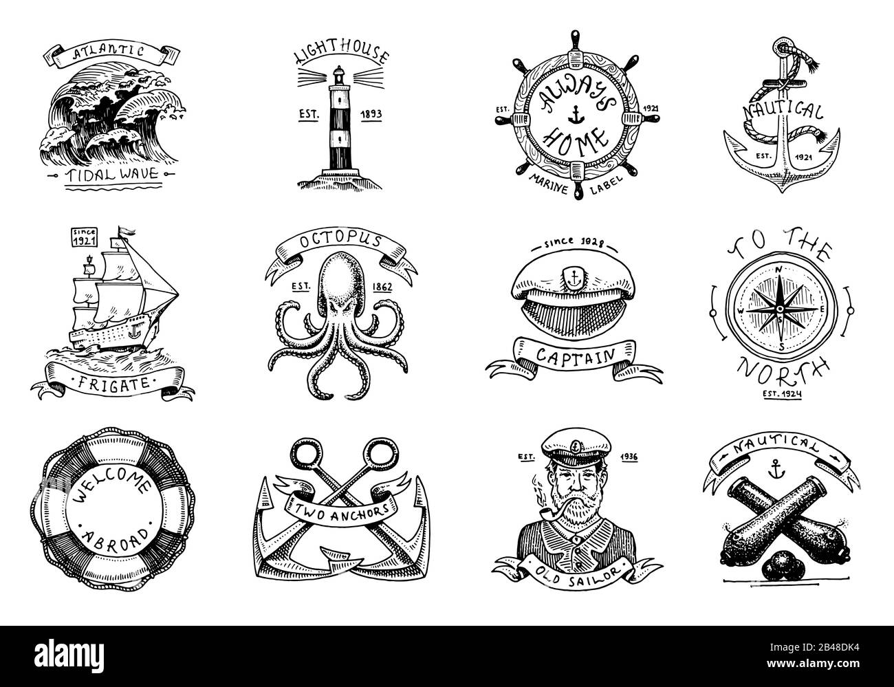 Maritime und nautische Embleme. Set aus eingravierten Vintage, handgezeichnetes altes Meer, Etiketten oder Abzeichen für das Meer. Lebensring, Kanonenkugel, Kapitän mit Rohr. Herzlich Willkommen Stock Vektor
