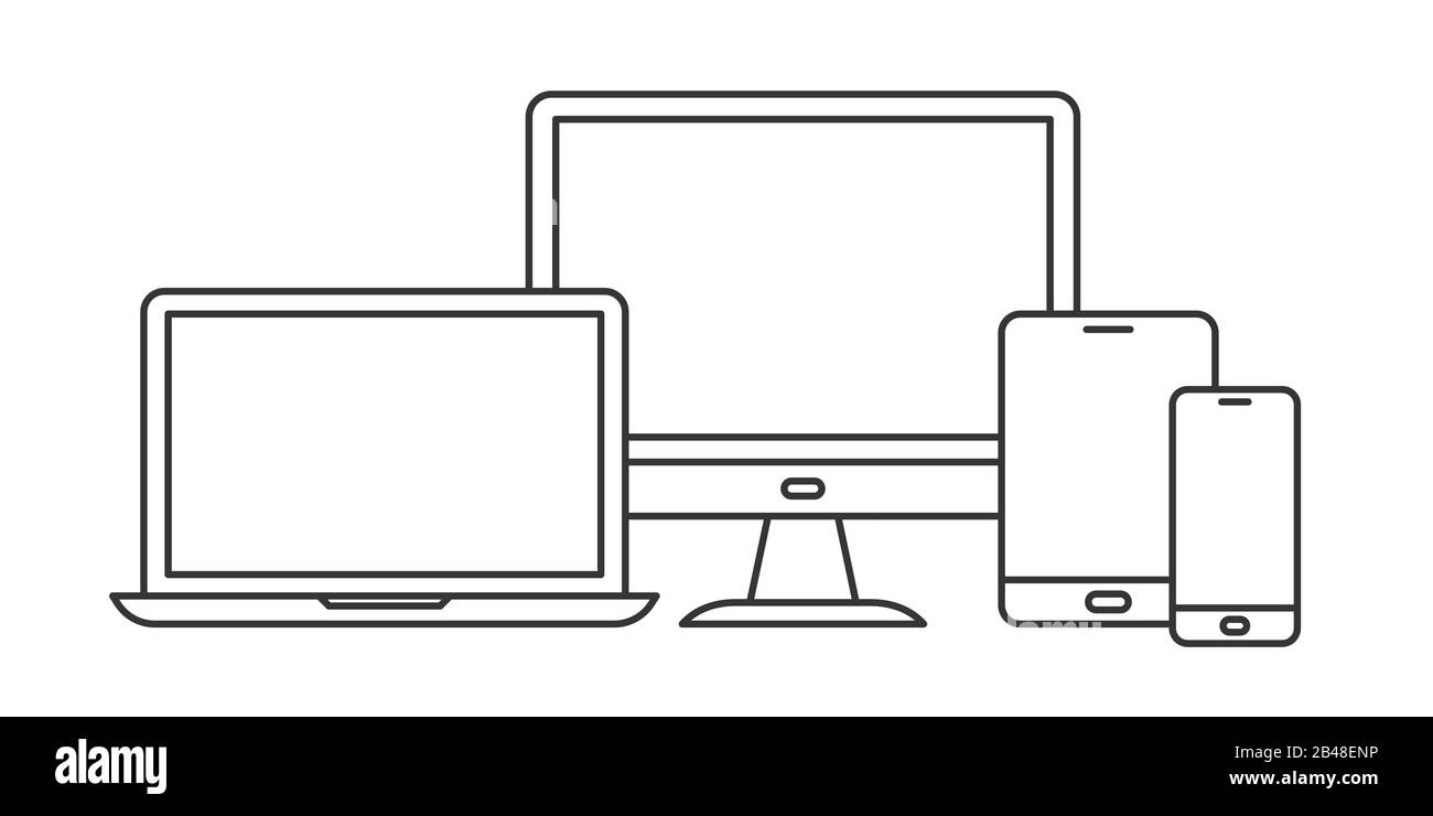 Satz von Symbolen für lineare Geräte. Symbole für Gliedergeräte. Vektorgrafiken in flacher Linienform. Stock Vektor
